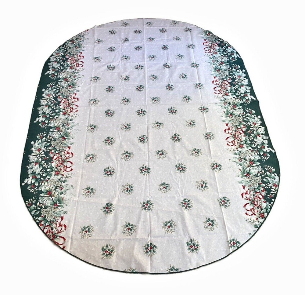 Christmas Tablecloth Holly Berry Bells Ornaments Greenery Cotton Blend Oval